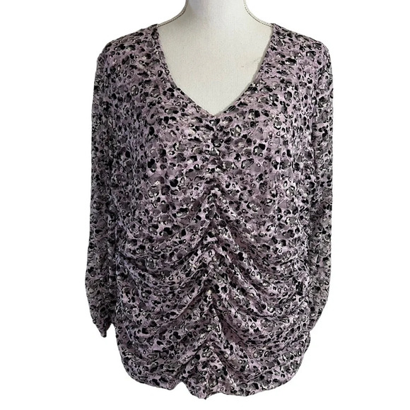 Worthington Lace Blouse Plus Size 1X Lavender Spotted Ruched Gathered Stretch - Picture 1 of 6